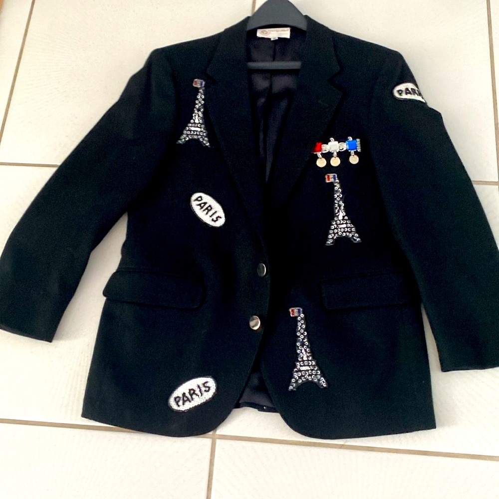 Vintage 90’s Overqualified men’s black wool jacket sequined Paris Eiffel Tower L - Picture 5 of 9